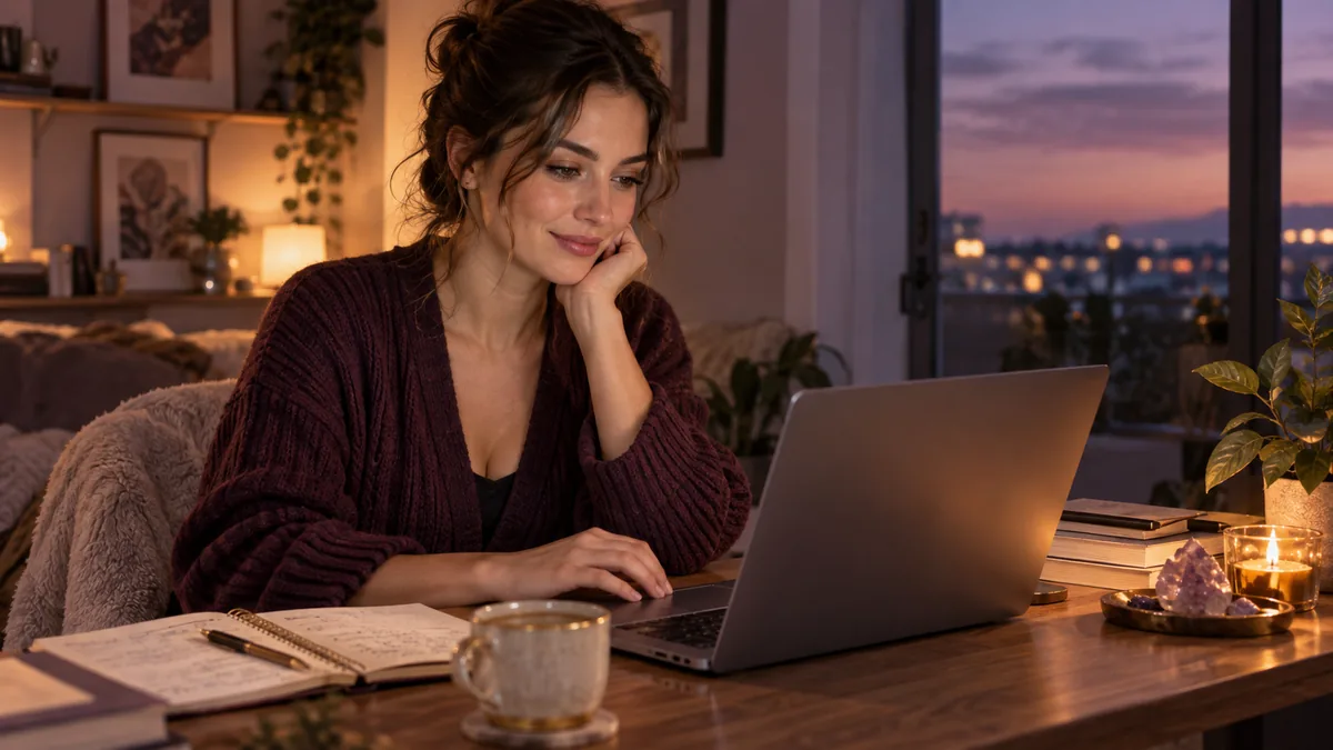 Woman planning an AI girlfriend conversation at a laptop