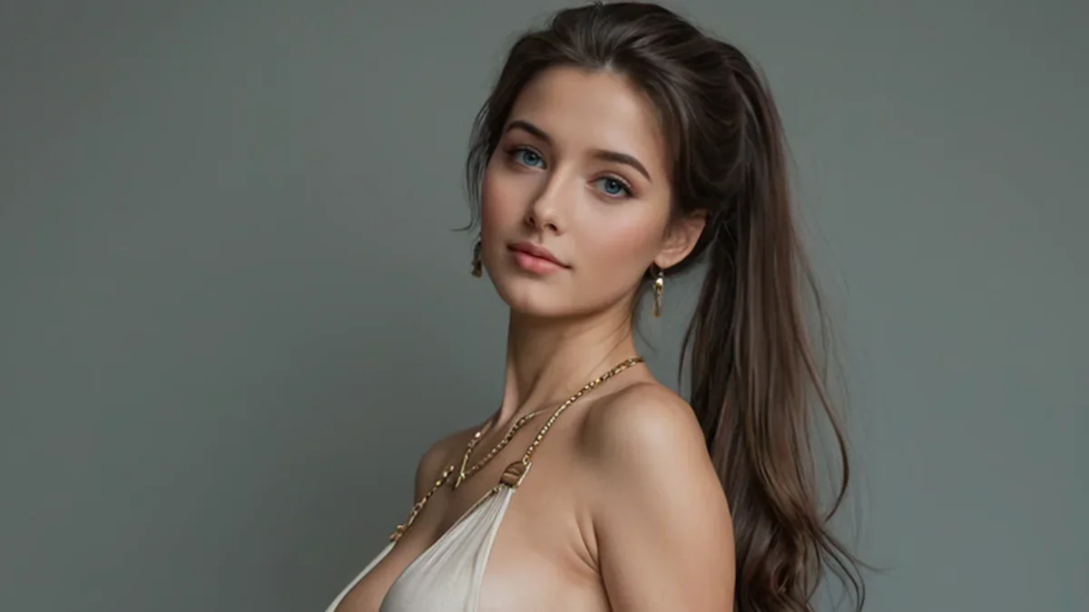 Adult AI character in a beige one-piece outfit against a neutral studio background
