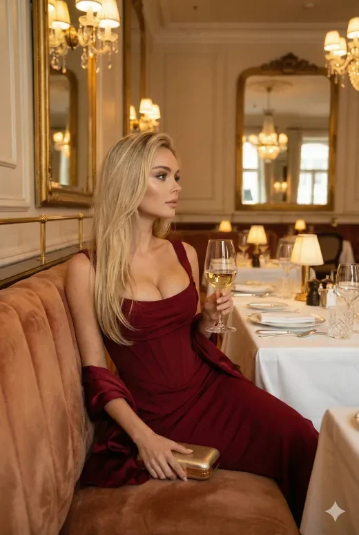 Adult blonde woman in a burgundy evening dress at an elegant restaurant