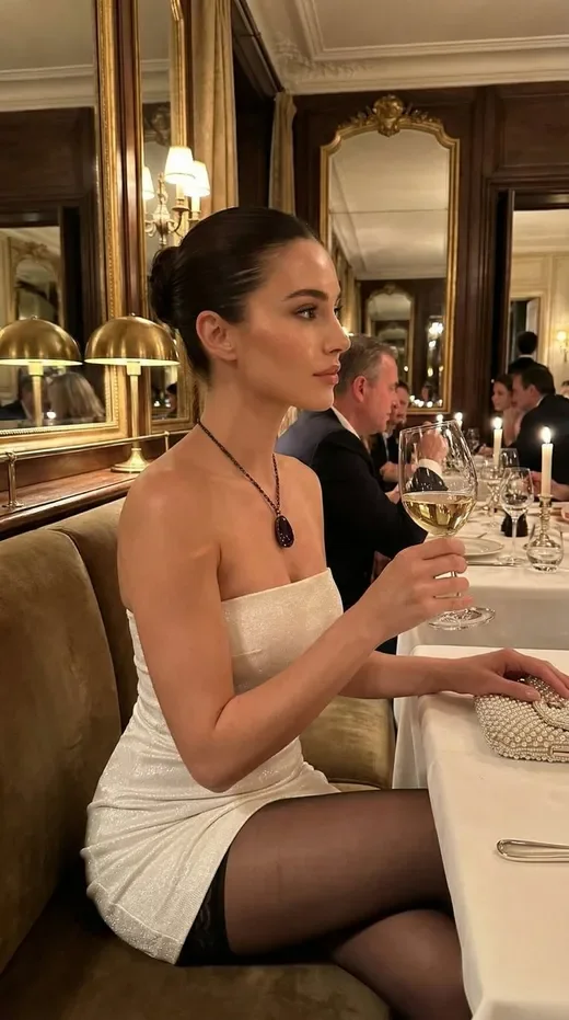 Adult brunette woman in a white dress at an elegant restaurant